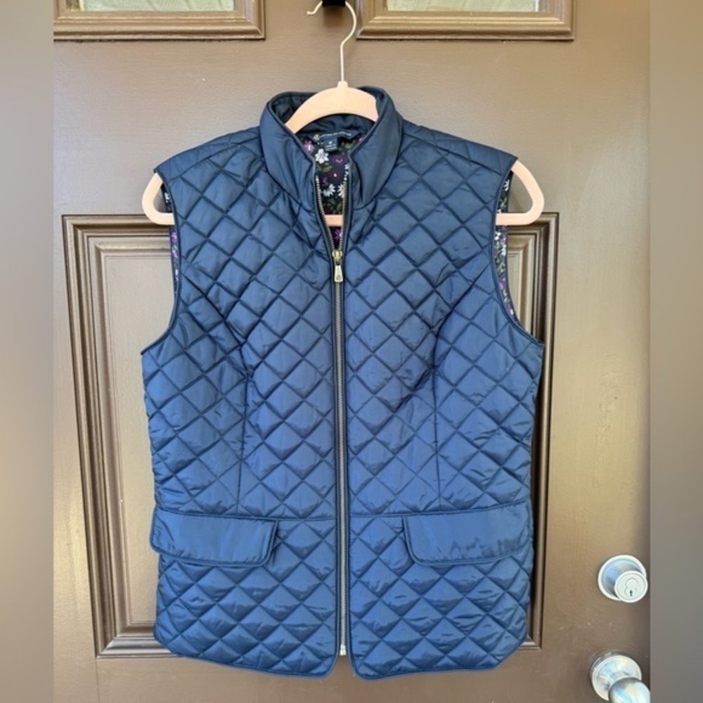 Brooks Brothers Quilted Vest Navy Blue Jacket Prep Equestrian Floral Interior